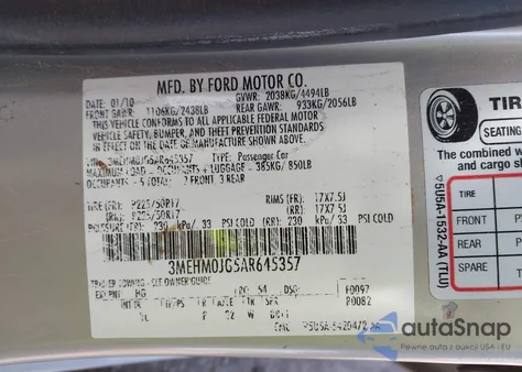 2010 Mercury Milan Premier from USA, damaged, VIN 3MEHM0JG5AR645357